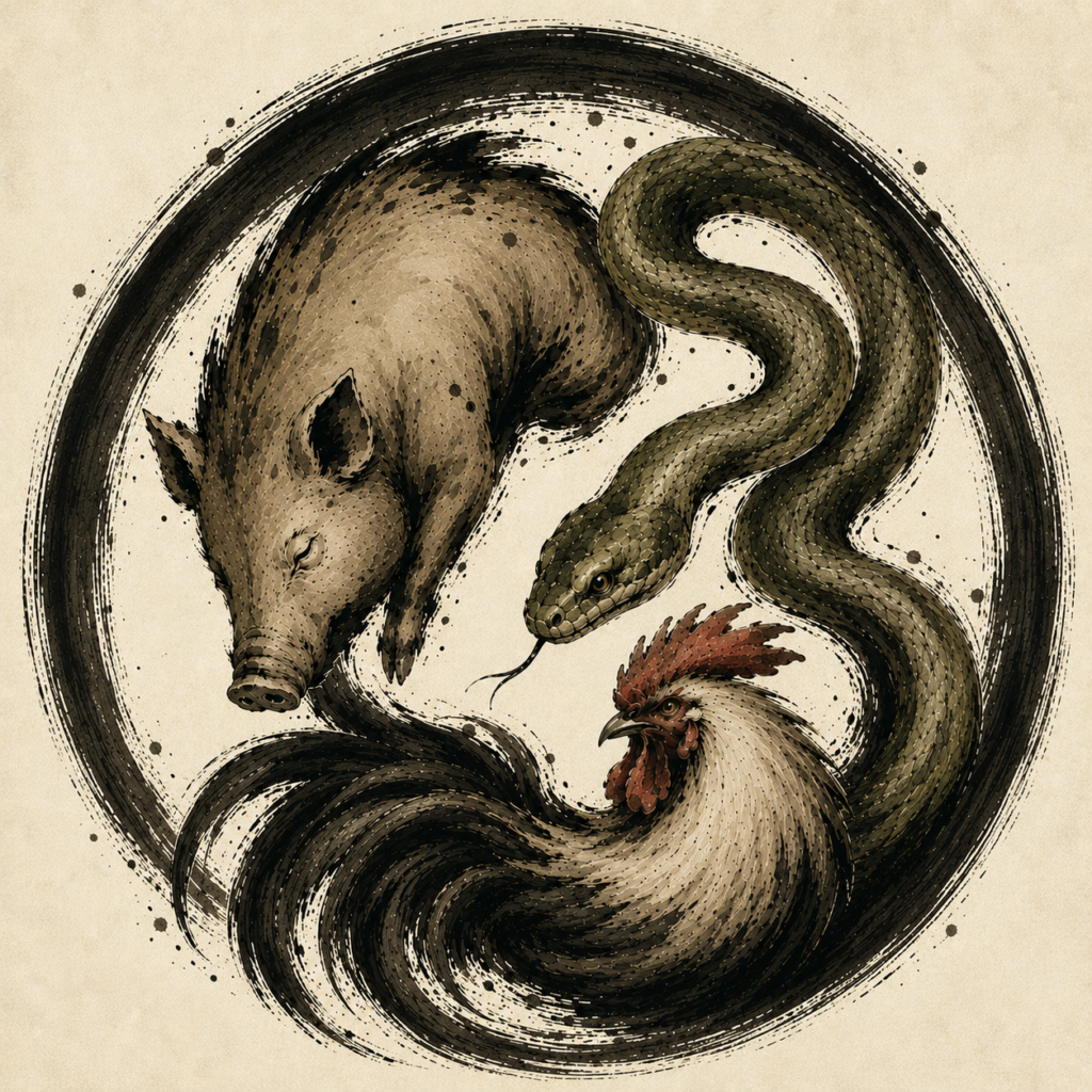 The Three Poisons illustration representing greed, anger, and delusion in The Waking Earth